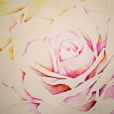 Aquarellbild einer Rose in expressiven Lila- und Gelbtönen